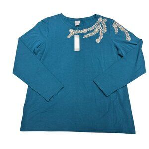 NEW $69 Chico's Jewel Neck LS Layer Stretch Top Women's Teal, Size 2 /US L